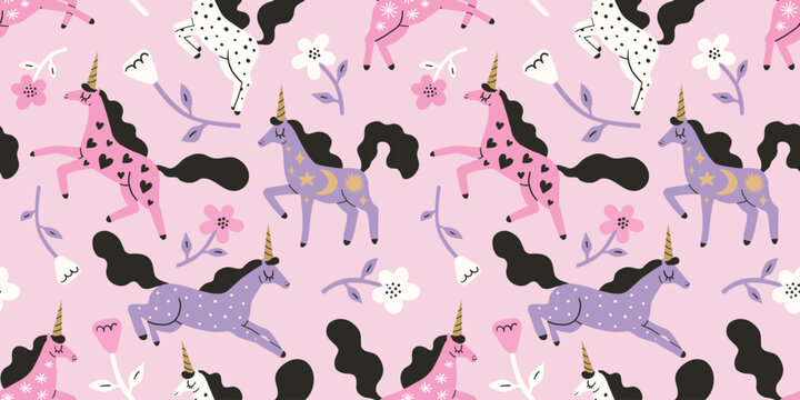 Cartoon beautiful unicorns seamless pattern in pink and violet pastel colors. Cute fairy tale horses with magic horn and flowers. Illustration for printing on fabric, packaging paper. Cute background.