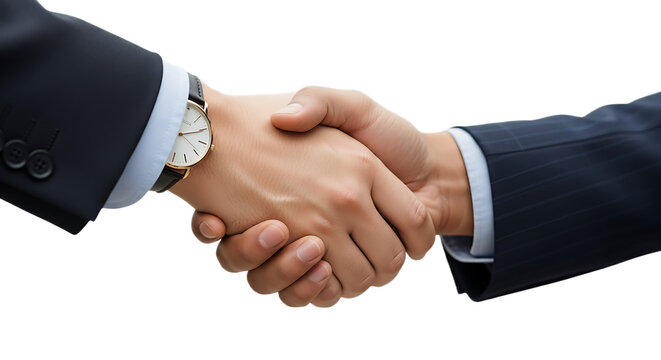 A close up of two businessmen shaking hands wearing suits and a wristwatch on a black background
