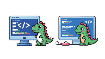 Adorable cartoon dinosaur programmer coding on computer screens with colorful code, perfect for tech education and creative projects