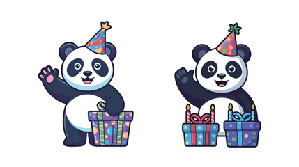 Adorable pandas celebrate birthdays waving hello with festive party hats and colorful gift boxes