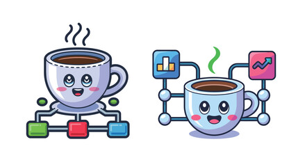 Charming coffee cup mascots representing data analysis and business growth with charts and cheerful expressions