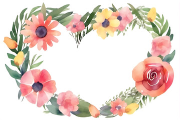 Watercolor floral heart wreath with colorful flowers and green leaves