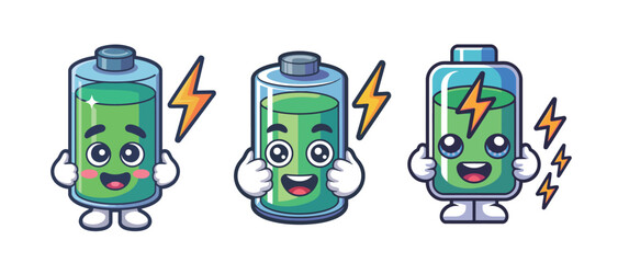 Cheerful battery characters expressing power, energy, and full charge with lightning bolts, perfect for tech and eco-friendly concepts