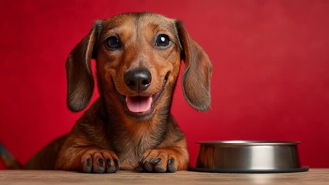 Happy Dachshund. A cheerful dachshund next to a bowl against a bright red backdrop.