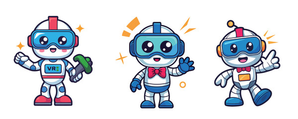 Charming VR robot characters exploring virtual reality experiences with futuristic technology and playful avatars for metaverse concepts