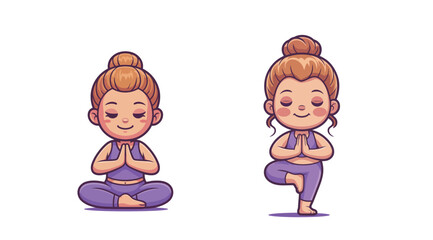 Charming cartoon woman demonstrating yoga poses, finding inner peace and balance through meditation for wellness and relaxation