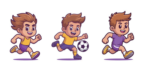 Energetic cartoon boys playing soccer and running with determination, perfect for sports, kids' content, and design projects