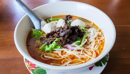 Close up of traditional Laksa noodle soup spicy Southeast Asian cuisine with beef and fish balls