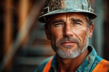 Fototapeta premium A close-up of a weathered, grey-bearded man with blue eyes, wearing a hard hat and work clothes, embodying strength and experience.