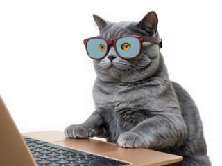 Smart cat wearing glasses using a laptop isolated on transparent background