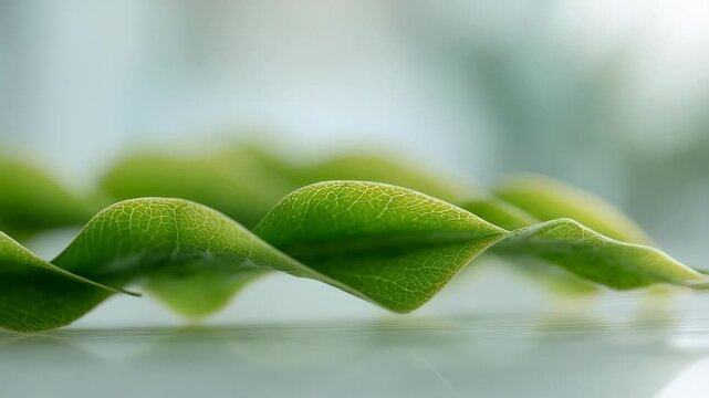 Fresh green leaf with visible veins lying on a smooth surface, captured in soft natural light. Minimalist macro nature photography with a tranquil and organic atmosphere