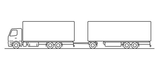 Truck with a trailer. Black outline linear silhouette. Editable strokes. Side view. Vector simple flat graphic illustration. Isolated object on a white background.