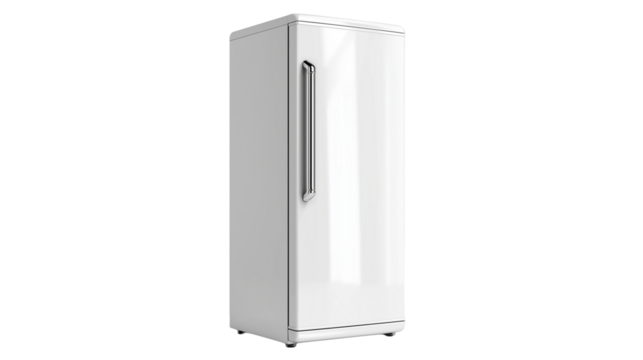 White refrigerator isolated on white background or transparent png, modern home appliance for keeping food fresh and drinks chilled efficiently.