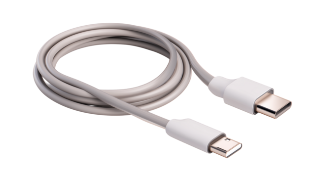 A white cable isolated on a white background, shown as a transparent png style image with sleek modern connector and design.