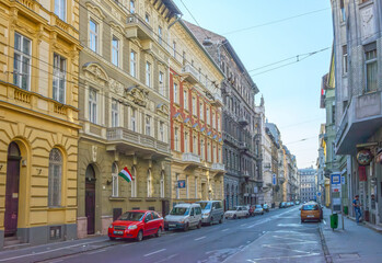 View of buildings along Kálmán Imre street in Budapest, Hungary.