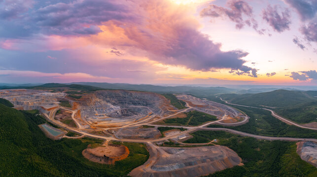 Aerial view of expansive open pit mine at sunset with dramatic sky and lush surrounding landscape