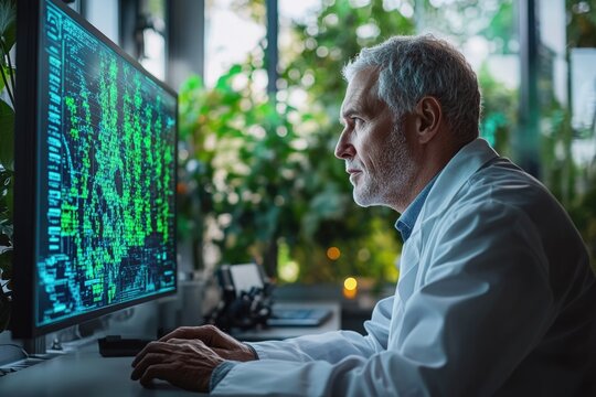 A senior scientist in a lab coat intently examines complex green digital data on a computer screen, performing advanced biological research.