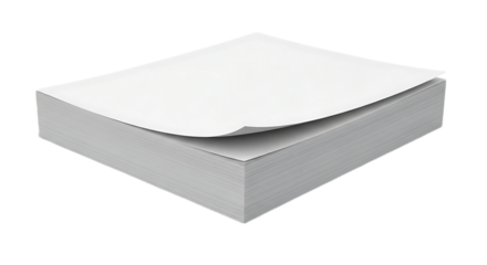 A stack of white paper with the top sheet peeling back slightly on a black background in a studio shot