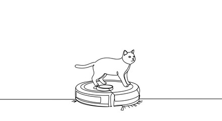 Cat standing on a robotic vacuum cleaner in a minimalistic style  
