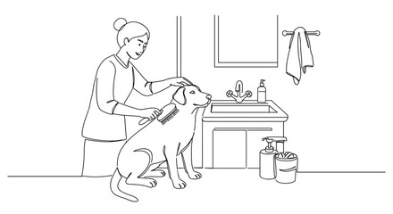 Woman grooming dog at sink with pet care products in bathroom  