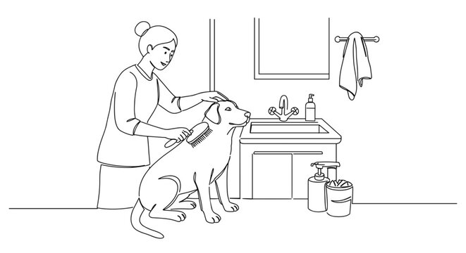 Woman grooming dog at sink with pet care products in bathroom  