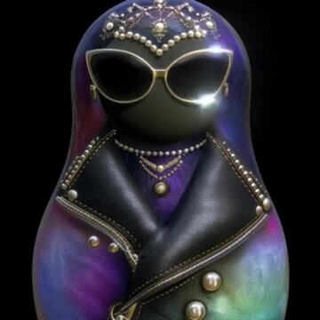 Modern matryoshka doll wearing a leather jacket in an urban and edgy style, character design for alternative themes