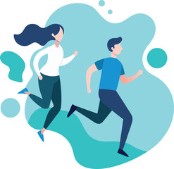 Energetic young man and woman running together in a dynamic abstract blue green fluid background representing health and fitness activity