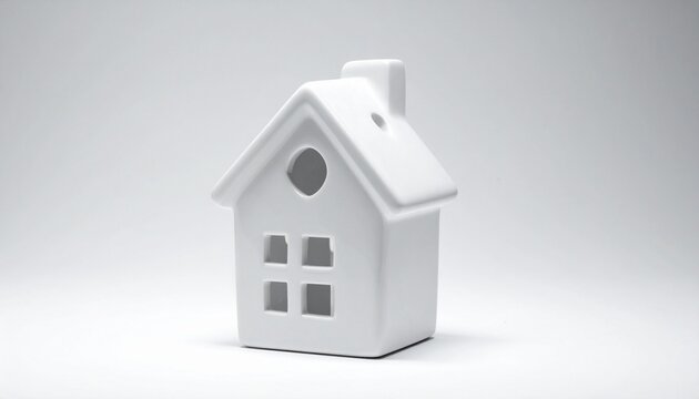 Minimalist white house model with pitched roof, chimney, circular window, and arched doorway on plain white background