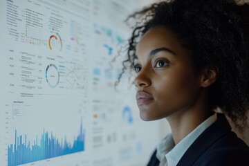 A focused professional woman analyzes complex data visualizations on a large screen, interpreting intricate business intelligence dashboards for strategic decision-making and insights.