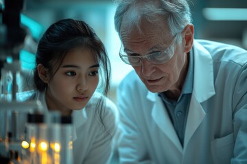 An experienced senior scientist and a young researcher intently observe an experiment in a modern laboratory, demonstrating mentorship and scientific collaboration.