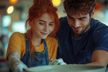 A joyful couple sculpts clay together, immersed in the art of pottery, sharing smiles and a creative moment.