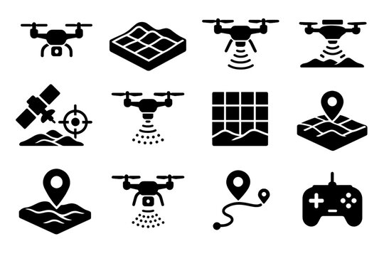 Cartography path terrain marker drone icons satellite mapping vector scanner flight icon