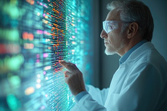 A scientist in lab coat and goggles examines glowing digital data on a large interactive screen, showcasing advanced research in genomics or computing.