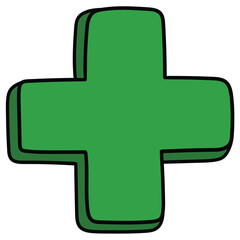 Hand-drawn cartoon green plus sign on a white background.