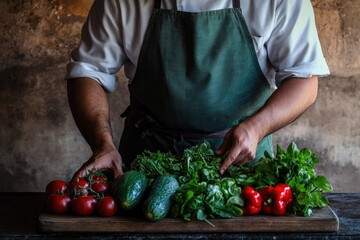 A chef arranges a bounty of fresh, vibrant vegetables and greens on a rustic board, highlighting healthy cooking and natural ingredients.