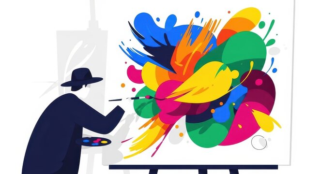 Artist painting vibrant abstract art on canvas with colorful brushstrokes.