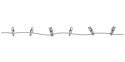 Minimalist continuous line drawing of a wooden clothespin on a clothesline. Simple doodle outline vector illustration, perfect for laundry,