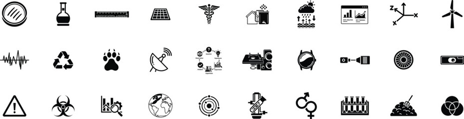 Collection of black and white icons representing environmental sustainability and technology
