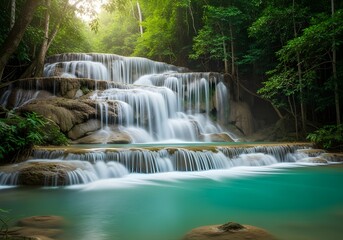 Obraz premium Serene Long Exposure Waterfall Cascading in Lush Forest