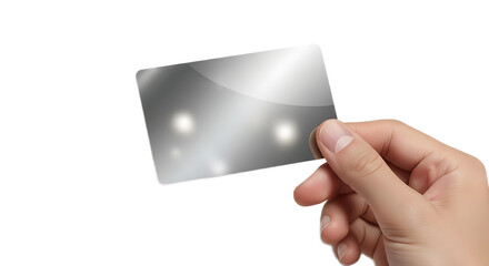 A hand holding a shiny silver card with rounded corners against a black background in a studio shot