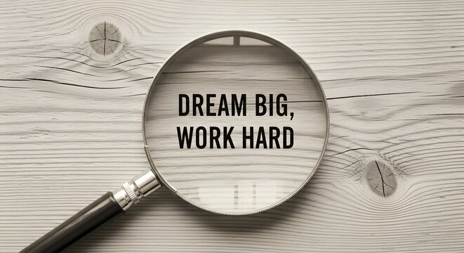 Dream big and work hard motivational concept, empowering words of wisdom, inspirational message with magnifying glass on rustic wooden surface, success mindset