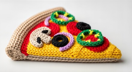 Handmade knitted pizza slice with vibrant toppings, showcasing cozy minimalism and soft pastel aesthetics, perfect for lifestyle sets and creative decor concepts