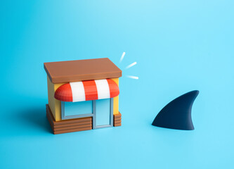 Business is in danger. A shark fin approaches the store. A threat to the financial stability of business, a harbinger of a crisis. Market aggression, competition, and risk of bankruptcy.