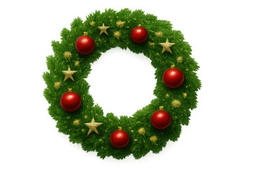 Christmas wreath decorating with festive red baubles and shimmering gold stars, green pine holiday garland