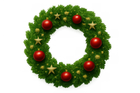 Christmas wreath decorating with festive red baubles and shimmering gold stars, green pine holiday garland