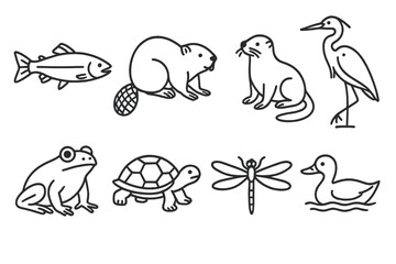 Line Style River Icons. Line style icons of River wildlife: fish, beaver, otter, heron, frog, turtle, dragonfly, duck, No text, No