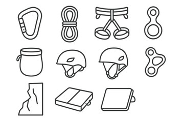 Rock Climbing Icons. Line style icons of Rock Climbing: Carabiner, Rope, Harness, Chalk Bag, Helmet, Belay Device, Cliff Face,
