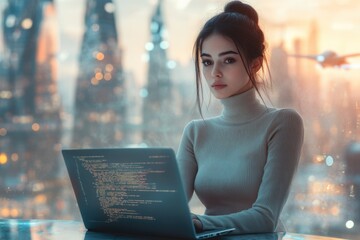 A focused young woman programmer codes on a laptop with a futuristic city skyline and distant flying craft in the background.