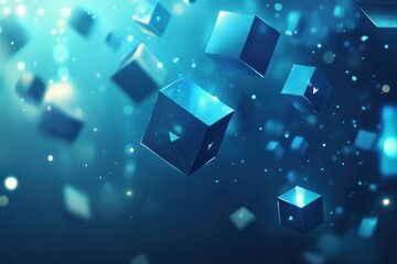 Floating blue cubes illuminated by soft light in an abstract digital environment