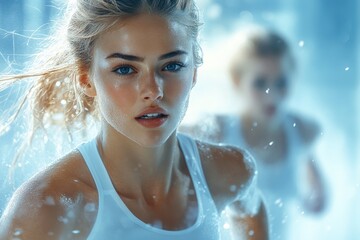 A young woman running through water in a bright, modern indoor pool setting during the day